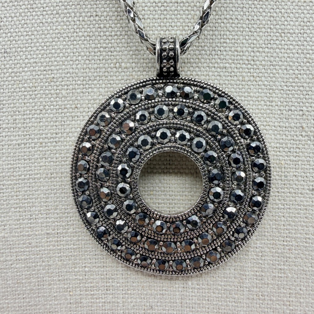 Vintage Silver Tone Marcasite Color Rhinestone Open Circle Pendant Necklace 90s